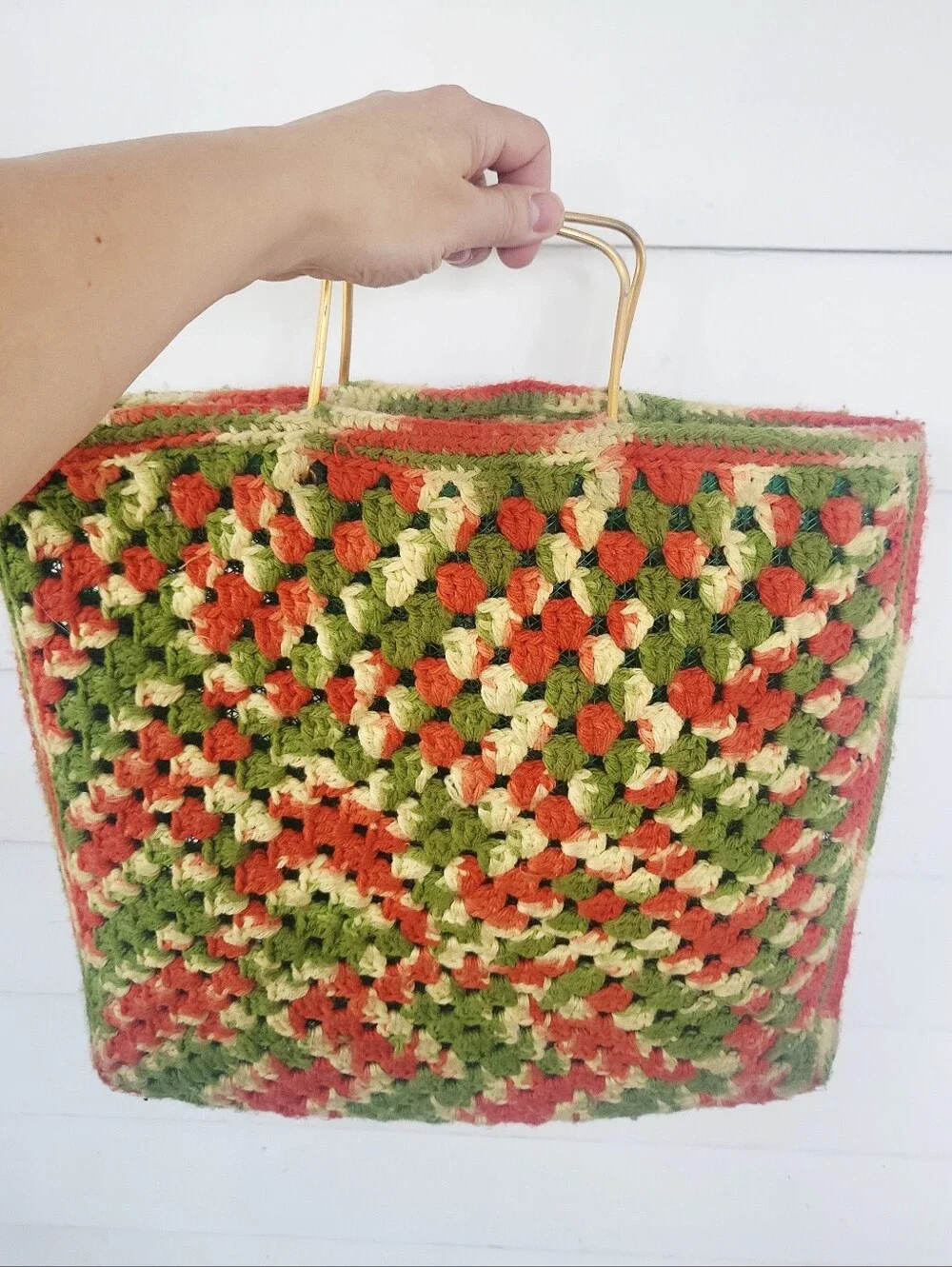 Vintage 70's Retro Crocheted Top Handle Tote Purse